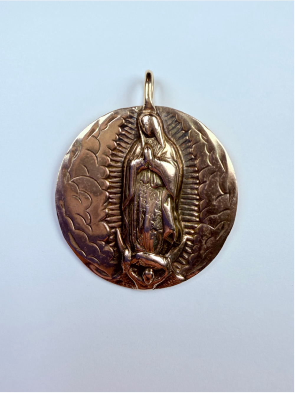 14K Solid Yellow Gold Mary Our Lady Guadalupe Catholic 35MM Medallion Pendant